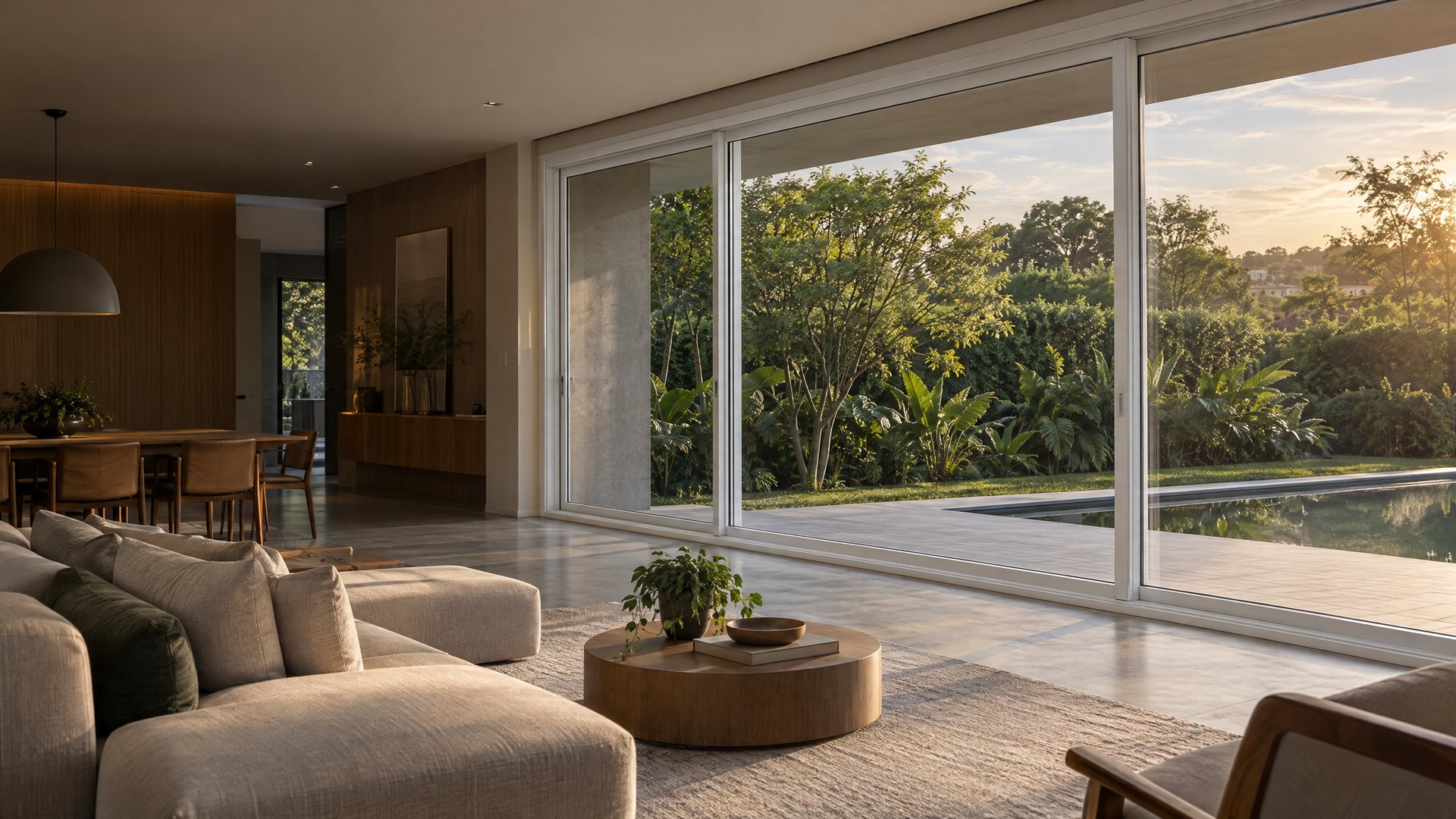 Sala contemporânea com ampla esquadria branca em PVC voltada para o jardim